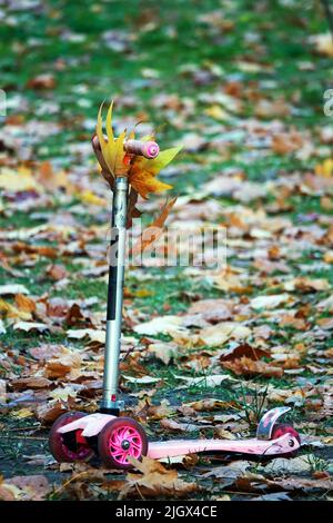 Kinderroller mit gelben Blättern im Herbstpark Stockfoto