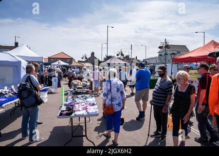 Ein Blick auf den lokalen Wochenmarkt in Sheringham North Norfolk Stockfoto