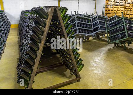Frédéric Raspail zeigt das Weingut, in dem Crémant auf traditionelle Weise aus Clairette-Trauben hergestellt wird. Saillans, Drôme, Frankreich Stockfoto