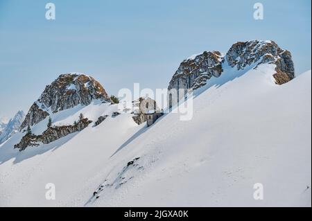 Eine Landschaft rund um den Rochers de Naye, einem Berg der Schweizer Alpen, mit Blick auf den Genfer See in der Nähe von Montreux und Villeneuve, Schweiz Stockfoto