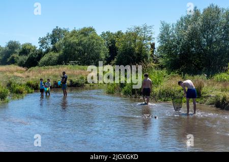 Familie Familien Kinder Jugendliche Kinder fischen mit Netzen im Fluss Meon, einem Kreidefluss mit klarem Wasser in Hampshire, England, Großbritannien an einem Sommertag Stockfoto