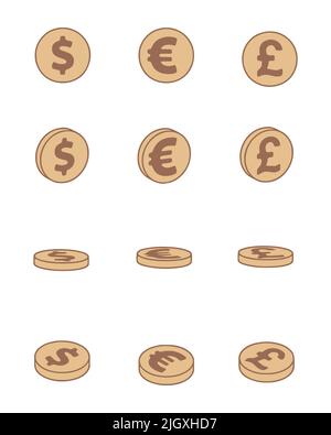 Vektor-Satz von Dollar, Euro und Pfund Sterling Münzen in Cartoon-Stil. Finanz- und Bankwesen Clip Art. Stock Vektor