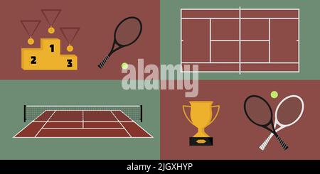 Tennis Icon Set im flachen Design: Schläger, Bälle, Platz, Netz, Prize Cup, Medaille, Sockel, dunkelrotes Tonfeld. Hergestellt in Vektorgrafik. Stock Vektor