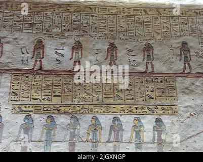 Detail der Hieroglyphen auf dem Stein einer alten Mauer in Ägypten, Afrika Stockfoto