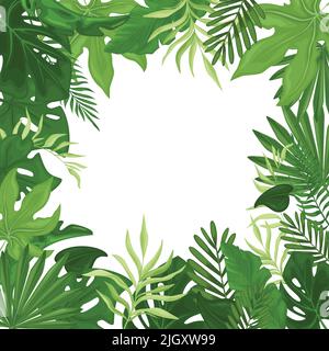 Tropischer Rahmen mit Palmenblättern in einem Quadrat. Hawaiian Flyer mit Palmenblättern isoliert auf weißem Hintergrund. Vektor Stock Vektor