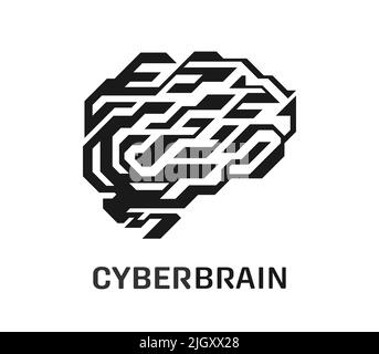 Cyberbrain Vektor Silhouette. Künstliches menschliches Gehirn. KI-Konzept (künstliche Intelligenz). Isoliert auf weißem Hintergrund Stock Vektor