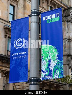 Glasgow, Schottland - 12. 2021. Oktober: Ein Schild, das Besucher in der schottischen Stadt Glasgow begrüßt, zeitgleich mit der UN-Klimakonferenz Stockfoto