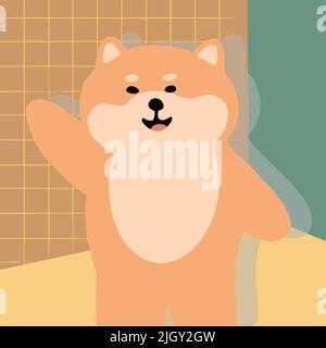 Zufriedener shiba inu winkt seine Hand zu seinem Freund im Hintergrund gelb kariert Stock Vektor