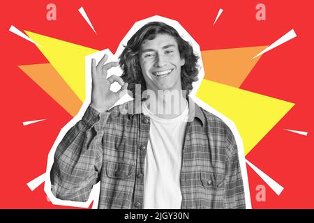 Fröhlicher junger Mann im karierten Hemd, der sich in Ordnung zeigt Stockfoto