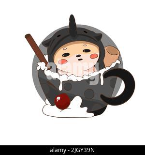 Shiba, der in einer Tasse Kaffee und einer Kirsche sitzt und wie ein Einhorn gekleidet ist Stock Vektor