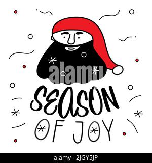 Fröhliche Weihnachten Avatar mit Kopf des Weihnachtsmanns oder Elf Figuren Porträt mit Schriftzug SAISON der FREUDE. Die Darstellung des schwarzen und roten Weihnachtsvektors in Stock Vektor