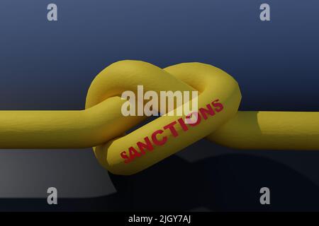 Konzept der Gassanktionen. Gasleitung in einem Knoten auf dunklem Hintergrund gebunden. 3D Rendern. Stockfoto