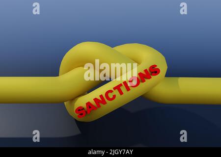 Konzept der Gassanktionen. Gasleitung in einem Knoten auf dunklem Hintergrund gebunden. 3D Rendern. Stockfoto