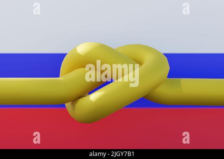 Konzept der Gassanktionen. Gasleitung in einem Knoten auf dem Hintergrund der Flagge Russlands gebunden. 3D Rendern. Stockfoto
