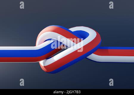 Konzept der Gassanktionen. Gasrohr in den Farben der russischen Flagge, geknotet auf dunklem Grund. 3D Rendern. Stockfoto