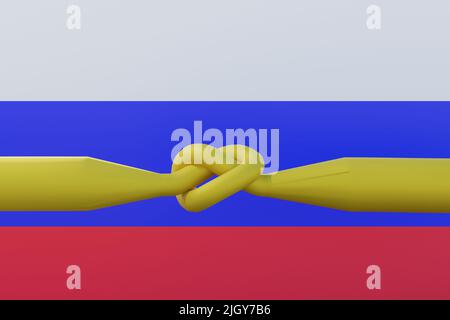 Konzept der Gassanktionen. Gasleitung in einem Knoten auf dem Hintergrund der Flagge Russlands gebunden. 3D Rendern. Stockfoto