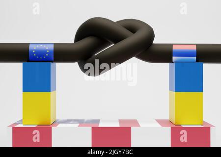 Konzept der Gassanktionen. Eine in einen Knoten gebundene Gasleitung steht auf Regalen in den Farben der ukrainischen Flagge auf einem Podium in den Farben der US-Flagge. Whit Stockfoto