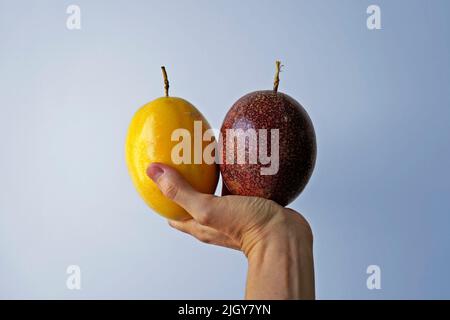 Gelbe und rote Passionsfrüchte auf einem hellen Hintergrund Stockfoto
