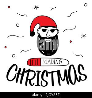 Fröhliche Weihnachten Avatar mit Kopf des Weihnachtsmanns oder Elfen Figuren Porträt mit Schriftzug LADEN Weihnachten. Der x-Mas schwarz und rot Vektor Stock Vektor