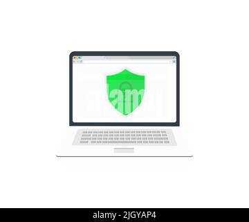 Computer Laptop Online-Schutz Schild auf Internet-Browser-Website Logo-Design. Sichere Verbindung Website Vektor flach Karikatur Illustration. Stock Vektor