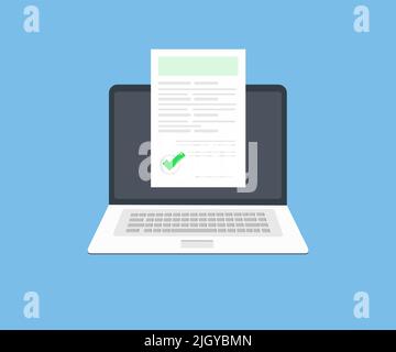 Online-Prüfung von digitalen Dokumenten oder Bewertung von Logos auf Laptop-Computern. Vertragsüberprüfung, Analyse, Überprüfung der Vereinbarung. Stock Vektor