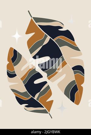 Minimalistische Illustration mit Blättern und Sternen. Moderne Wanddekoration. Stock Vektor