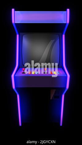 Arcade-Spiel-Maschine, Vorderansicht Grafik Hintergrund. 3D Rendering-Vorlage mit leerem Bildschirm für kommerzielle POV-Kompositionen Stockfoto
