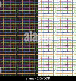 Durchgehende Schnittmuster. Grunge handgezeichnete gekritzelte Linien, abstraktes geometrisches Gitter, kreativer rustikaler ästhetischer Hintergrund in hellen Halloween-Farben Stock Vektor