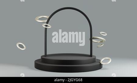 3D Illustration eines schwarzen Bogens mit Sockel und silbernen Torus. Dunkler Hintergrund mit Platz für das Produkt. Stockfoto