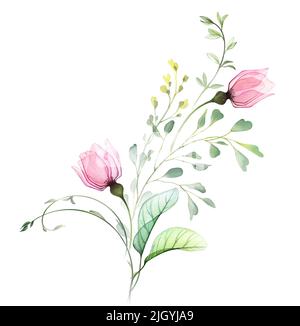 Aquarell abstrakte Anordnung von Rosen und Eukalyptusblättern. Zwei kleine Blüten mit fliegenden Ästen. Transparente, handgezeichnete abstrakte Illustration Stockfoto