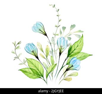 Aquarell florale Komposition mit Schneeglöckchen. Blau transparente Blüten und leuchtend grüne Blätter. Handbemaltes abstraktes Banner. Botanische Abbildung Stockfoto