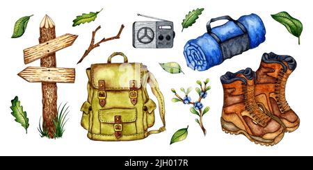 Satz von Aquarell-Illustrationen von Camping Pointer, Rucksack, Stiefel, Plaid, Radio. Für die Gestaltung von Design-Kompositionen zum Thema Tourismus, hiki Stockfoto