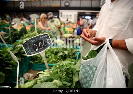 Cascais, Portugal. 13.. Juli 2022. Kunden kaufen am 13. Juli 2022 auf einem Markt in Cascais, Portugal, ein. Die vom Verbraucherpreisindex (VPI) gemessene Inflation lag im Vergleich zum Vorjahr im Juni bei 8,7 Prozent, der höchsten Inflation seit Dezember 1992, teilte das Nationale Statistische Institut (INE) des Landes am Dienstag mit. Quelle: Pedro Fiuza/Xinhua/Alamy Live News Stockfoto