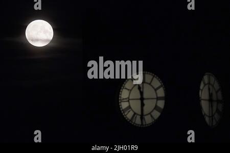 Hamburg, Deutschland. 13.. Juli 2022. Der Vollmond steigt am Abend über dem Hamburger Hafen auf. Gleichzeitig ist der Mond nahe an der Erde, weshalb er größer als gewöhnlich erscheint und als Supermond bezeichnet wird. Kredit: Marcus Brandt/dpa/Alamy Live Nachrichten Stockfoto