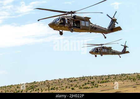 BABADAG-TRAININGSGEBIET, Rumänien-- UH-60 Black Hawks, die 3-227 AHB zugewiesen wurden, fliegen während des Trainings zur Personalrückgewinnung mit dem U.K. 140. Expeditionary Air Wing, 12. Juli 2022 über Kopf. Regelmäßige Interoperabilitätsschulungen mit NATO-Partnern und Verbündeten schaffen Vertrauen und Bereitschaft, wodurch die Fähigkeit zur Abschreckung und Verteidigung erhöht wird. (USA Armeefoto von Capt. Taylor Criswell) Stockfoto