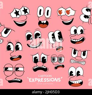 Cartoon-Gesichter und emotionale Ausdrücke im Vintage- und Retro-Stil! Vecot-Abbildung. Stock Vektor