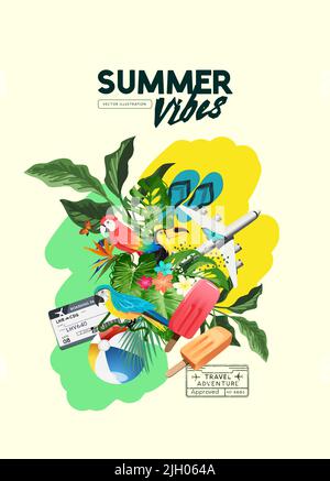 Tropischer Sommer und Reise Abenteuer Hintergrund Layout. Vektorgrafik Stock Vektor