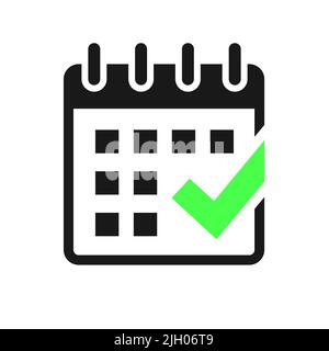 Kalender und Häkchen markieren Vektorsymbol auf weißem Hintergrund Stock Vektor