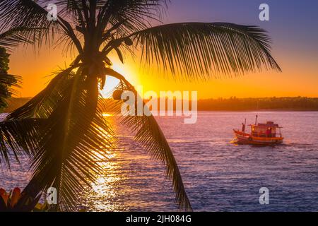 Fischerboot und idyllischer Palmenstrand bei Sonnenuntergang in Porto Seguro, Bahia Stockfoto