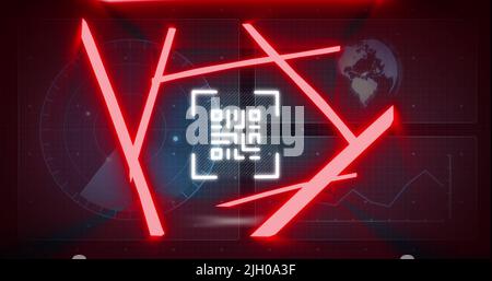 Bild eines Neon-qr-Codes mit Linien über der Datenverarbeitung und dem Scannen des Scope auf schwarzem Hintergrund Stockfoto