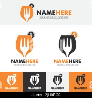 Food Restaurant-Logo mit Sektglas, Gabel und Zitronenscheibe Stock Vektor