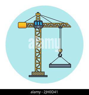 Ein gelber Kran hebt eine Last. Flache Vektorgrafik. Stock Vektor