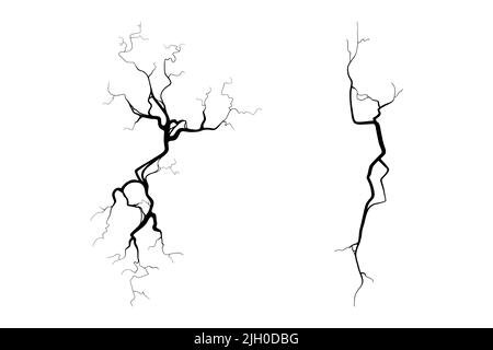 Risse auf Beton oder Boden aufgrund von Alterung oder Dürre. Gruppe von Spalten, isoliert auf weißem Hintergrund. Monochrome Vektorgrafik Stock Vektor