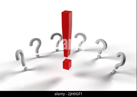 Rotes Ausrufezeichen vor vielen Fragezeichen. Stockfoto