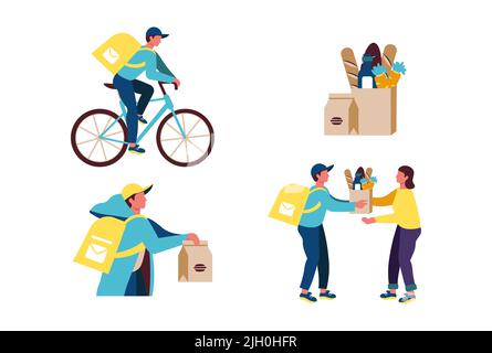 Lieferung nach Hause per Kurier, Lieferung mit dem Fahrrad, Lebensmittel und Lebensmittelzustellung Stock Vektor