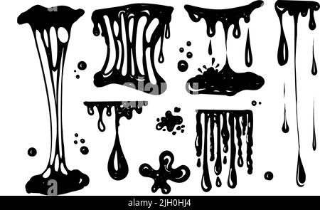 Ein Set zum Arbeiten mit Blobs. Gezeichnete Elemente im Doodle-Stil. Schwarze Schleimspritzer, sich dehnender Schleim, giftig tropfender Schleim. Schleimspritzer und Tröpfchen Stock Vektor