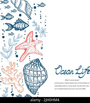Eine Bannervorlage im nautischen Stil. Handgezeichnete Muscheln, Fische, Seepferde und Seesterne im Sketch-Stil. Das Leben des Ozeans. Handgeschriebene Schriftzüge. A Stock Vektor
