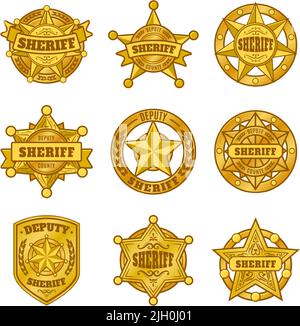 Sheriff-Abzeichen. Emblem der Polizeibehörde, goldenes Abzeichen mit Stern des offiziellen Vertreters des Gesetzes. Vektorset für Symbole Stock Vektor