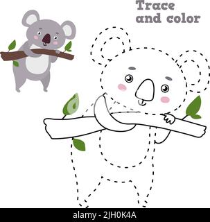 Dot to dot Koala Spiel. Spur und Farbe niedlichen Koala Bär auf Zweig Vektor Färbung Illustration Stock Vektor