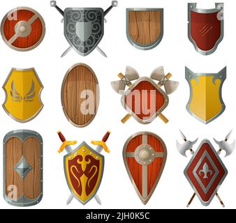 Cartoon mittelalterlichen Schild. Alte Burg Dekor, Rüstung mit gekreuzten Schwertern, Holz und Metall Schilde Vektor-Set Stock Vektor